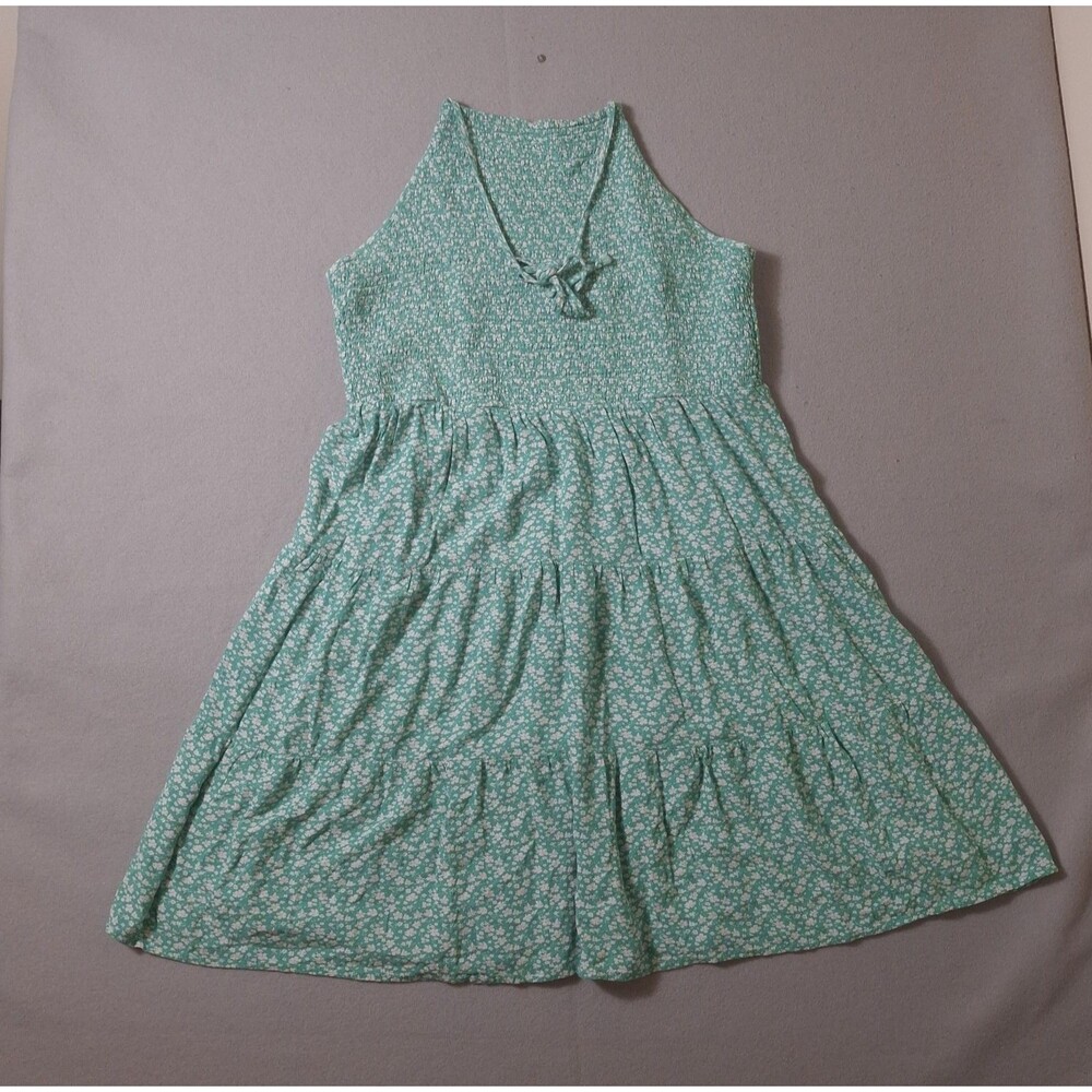 American Eagle Halter Dress Sz XL Green Floral Ditsy Cottagecore Tiered Smocked